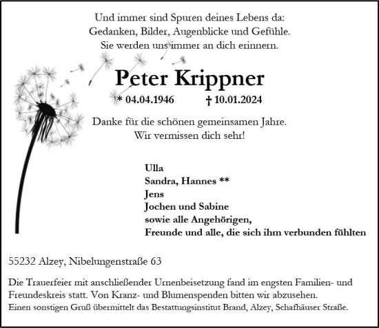 Traueranzeige von Peter Krippner von Allgemeine Zeitung Alzey