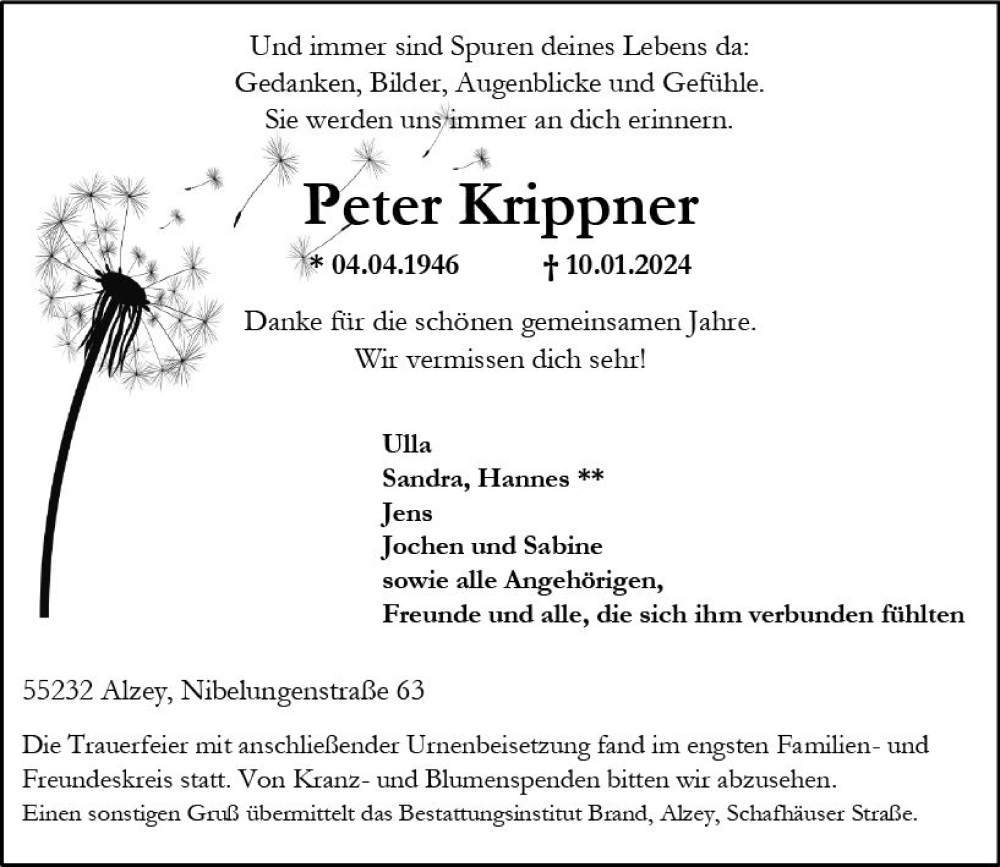  Traueranzeige für Peter Krippner vom 24.01.2024 aus Allgemeine Zeitung Alzey