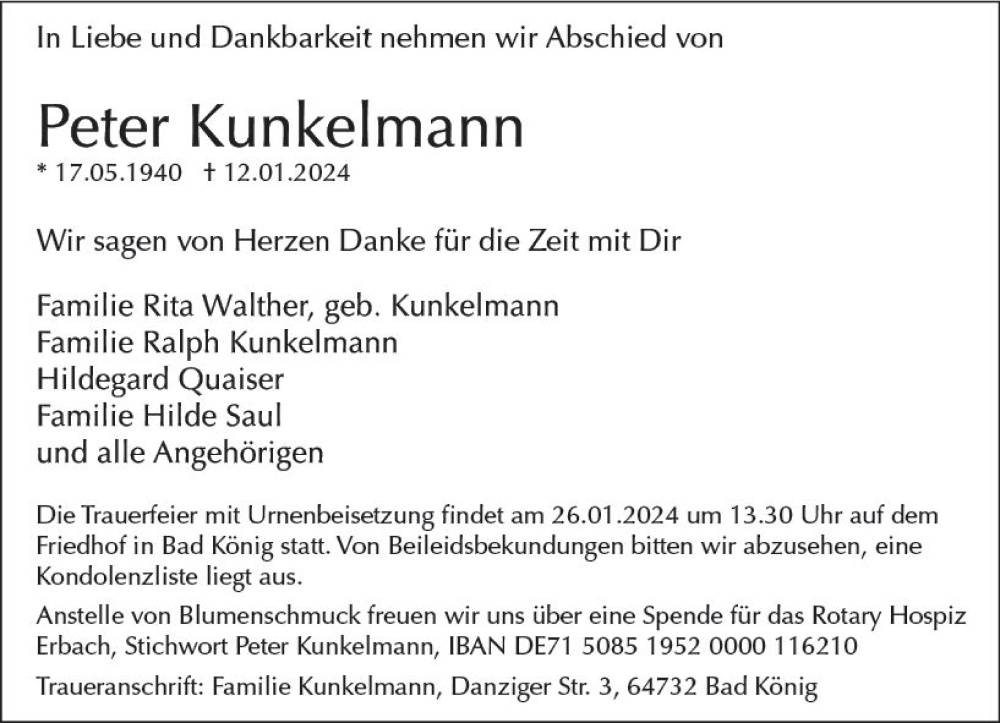  Traueranzeige für Peter Kunkelmann vom 20.01.2024 aus Odenwälder Echo