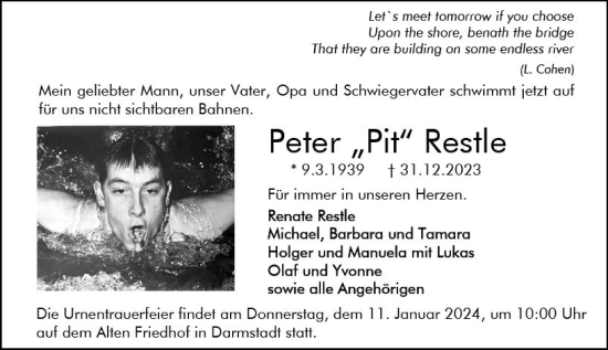 Traueranzeige von Peter  Restle von Darmstädter Echo