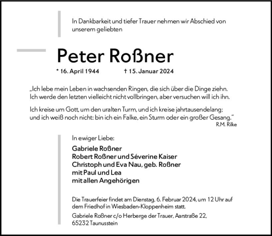 Traueranzeige von Peter Roßner von Wiesbadener Kurier