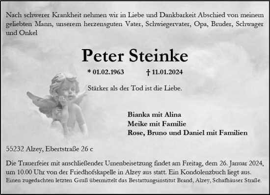 Traueranzeige von Peter Steinke von Allgemeine Zeitung Alzey
