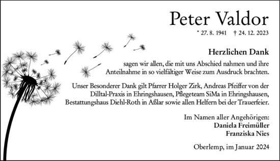 Traueranzeige von Peter Valdor von Wetzlarer Neue Zeitung