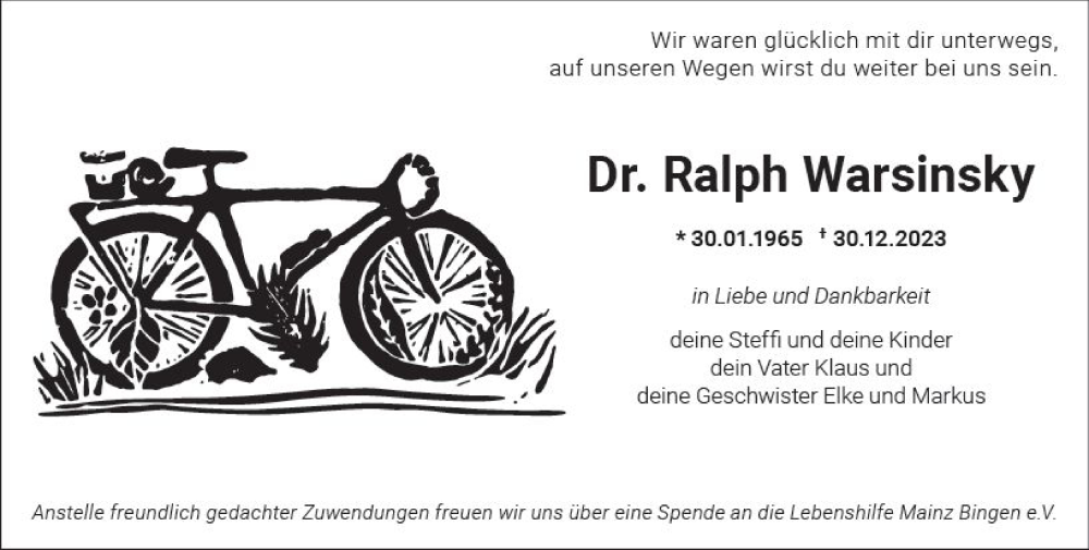 Traueranzeige für Ralph Warsinsky vom 13.01.2024 aus Allgemeine Zeitung Bingen/Ingelheim