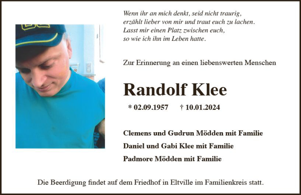  Traueranzeige für Randolf Klee vom 20.01.2024 aus Rheingau Kurier