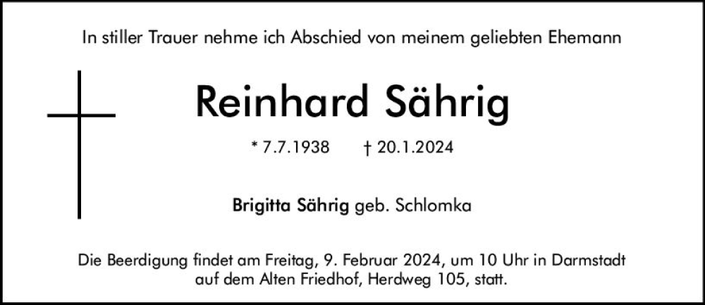  Traueranzeige für Reinhard Sährig vom 27.01.2024 aus Darmstädter Echo