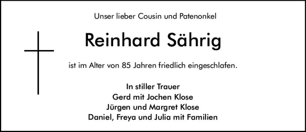  Traueranzeige für Reinhard Sährig vom 27.01.2024 aus Darmstädter Echo
