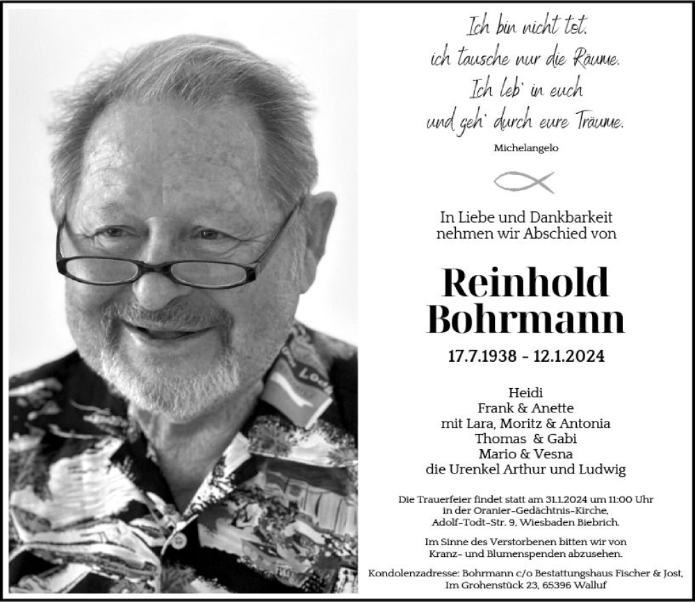  Traueranzeige für Reinhold Bohrmann vom 20.01.2024 aus Wiesbadener Kurier