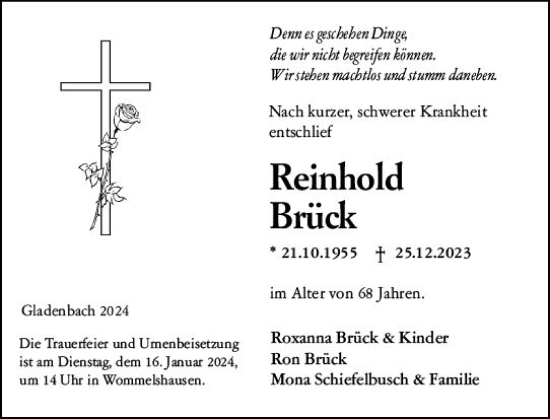 Traueranzeige von Reinhold Brück von Hinterländer Anzeiger