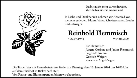 Traueranzeige von Reinhold Flemmisch von Darmstädter Echo
