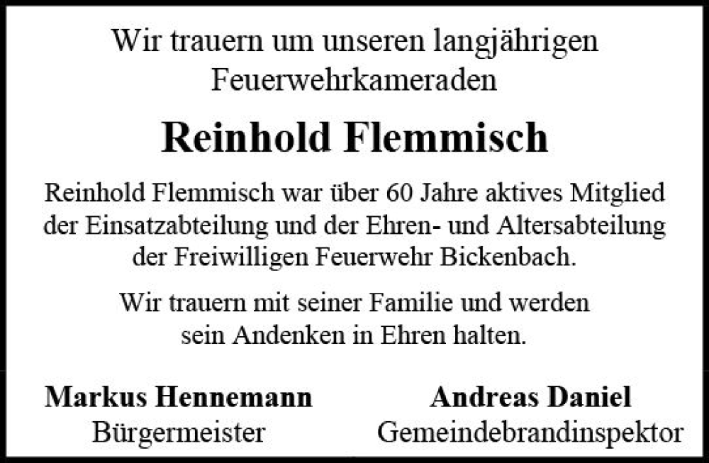  Traueranzeige für Reinhold Flemmisch vom 13.01.2024 aus Darmstädter Echo