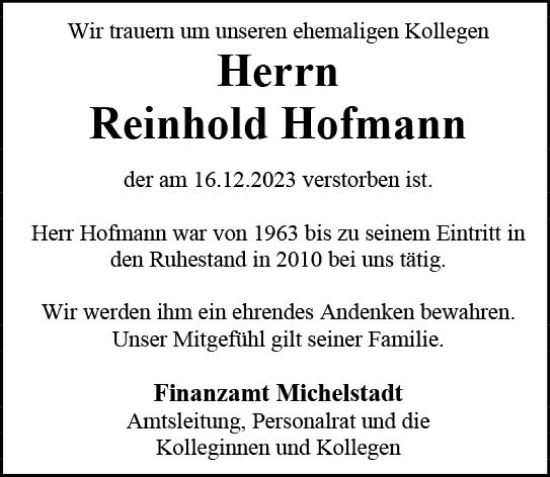 Traueranzeige von Reinhold Hofmann von Odenwälder Echo