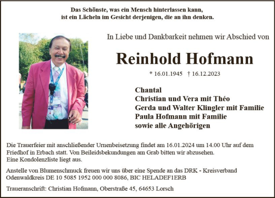 Traueranzeige von Reinhold Hofmann von Odenwälder Echo