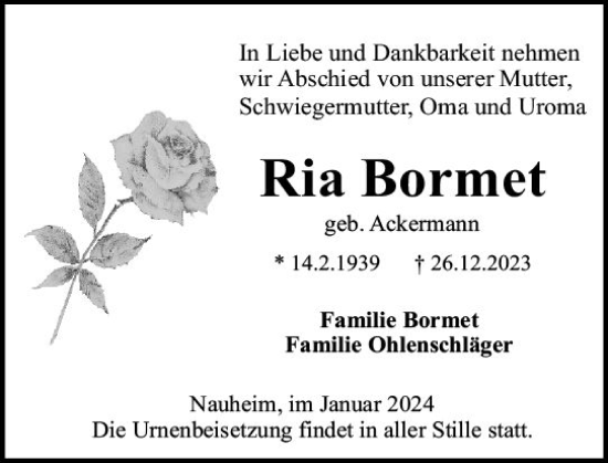 Traueranzeige von Ria Bormet von Groß-Gerauer Echo