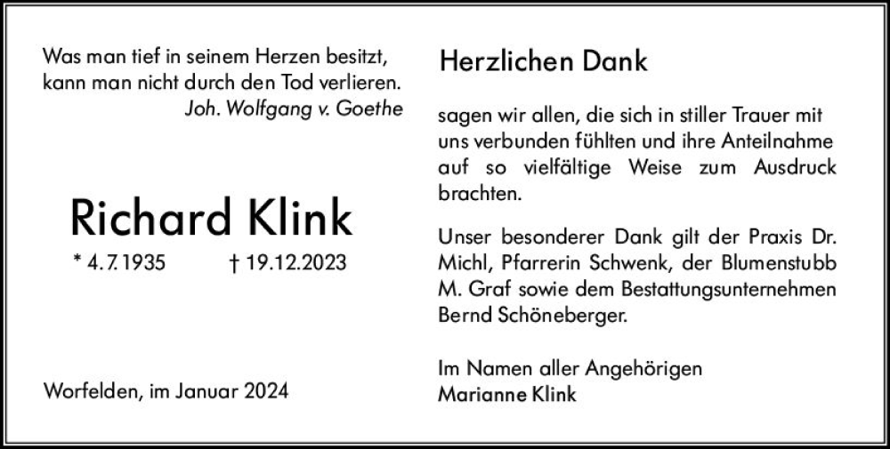  Traueranzeige für Richard Klink vom 20.01.2024 aus Groß-Gerauer Echo