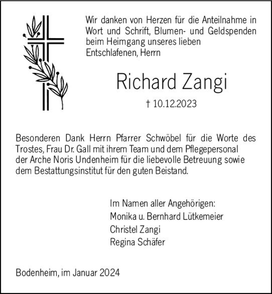  Traueranzeige für Richard Zangi vom 06.01.2024 aus Allgemeine Zeitung Mainz