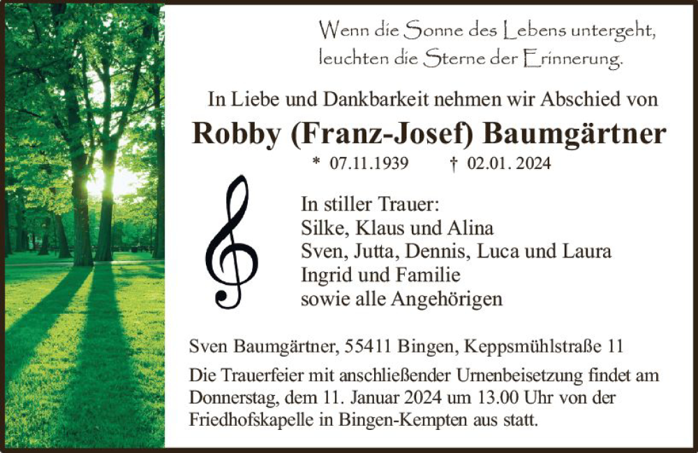  Traueranzeige für Robby  Baumgärtner vom 06.01.2024 aus Allgemeine Zeitung Bingen/Ingelheim