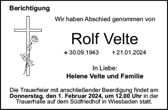 Traueranzeige von Rolf Velte von Allgemeine Zeitung Mainz