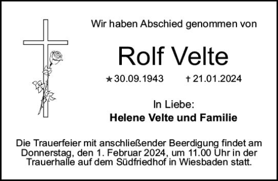 Traueranzeige von Rolf Velte von Wiesbadener Kurier