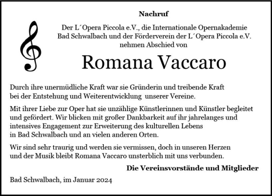 Traueranzeige von Romana Vaccaro von Idsteiner Land/Untertaunus