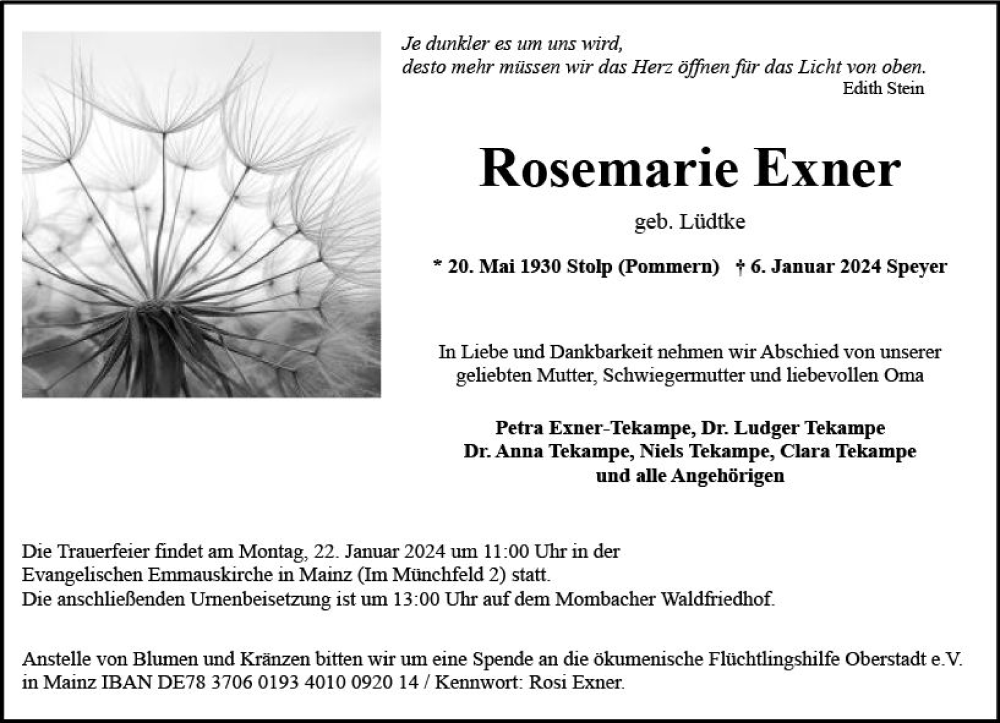  Traueranzeige für Rosemarie Exner vom 18.01.2024 aus Allgemeine Zeitung Mainz