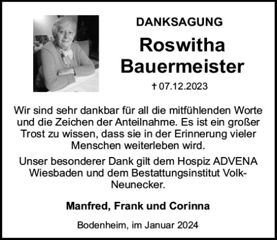 Traueranzeige von Roswitha Bauermeister von Allgemeine Zeitung Mainz
