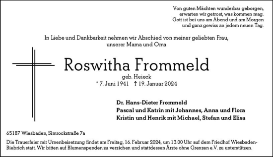 Traueranzeige von Roswitha Frommeld von Wiesbadener Kurier