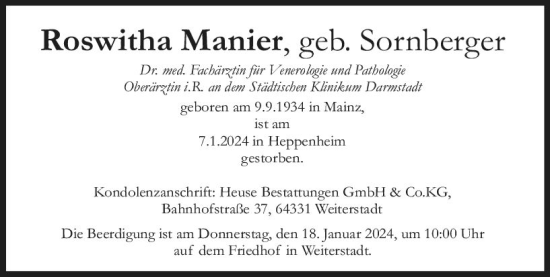 Traueranzeige von Roswitha Manier von Darmstädter Echo