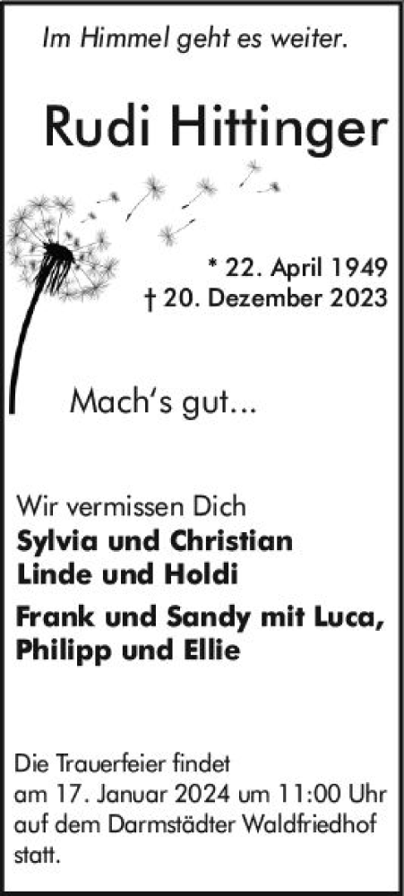  Traueranzeige für Rudi Hittinger vom 06.01.2024 aus Darmstädter Echo