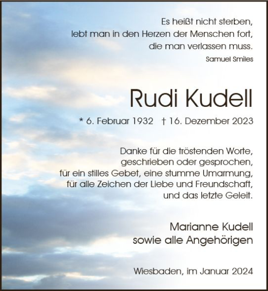 Traueranzeige von Rudi Kudell von Wiesbadener Kurier