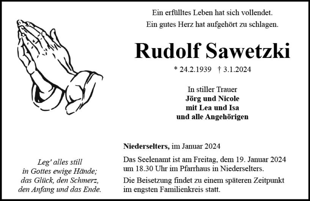  Traueranzeige für Rudolf Sawetzki vom 11.01.2024 aus Camberger Anzeiger