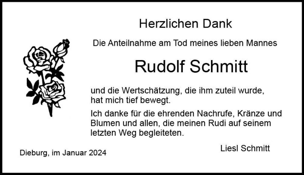  Traueranzeige für Rudolf Schmitt vom 13.01.2024 aus Dieburger Anzeiger/Groß-Zimmerner Lokal-Anzeiger