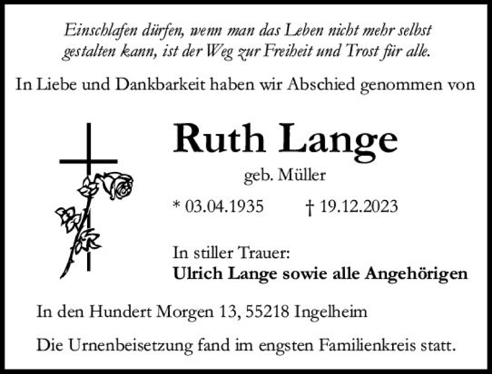  Traueranzeige für Ruth Lange vom 20.01.2024 aus Allgemeine Zeitung Bingen/Ingelheim