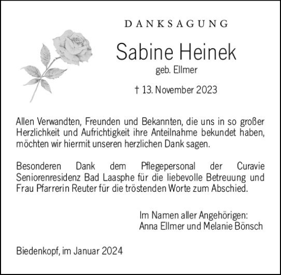 Traueranzeige von Sabine Heinek von Hinterländer Anzeiger