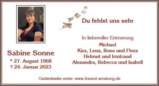 Traueranzeige von Sabine Sonne von Wiesbadener Kurier