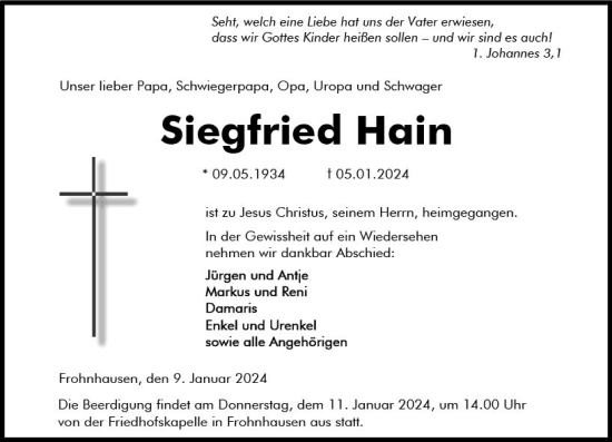 Traueranzeige von Siegfried Hain von Dill Block