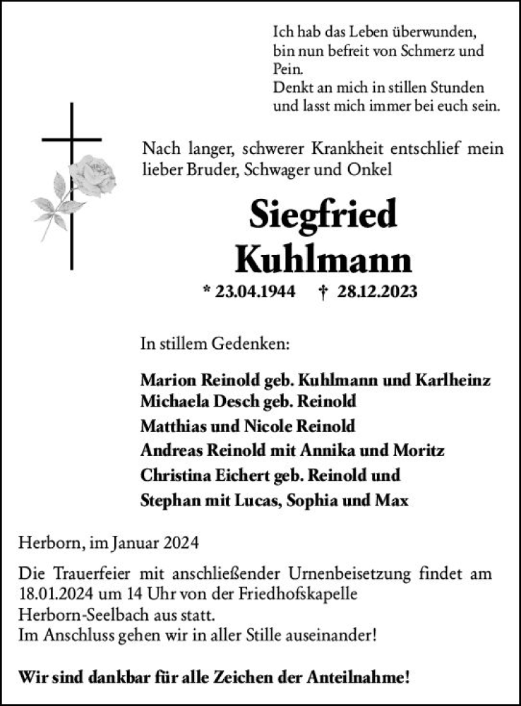  Traueranzeige für Siegfried Kuhlmann vom 16.01.2024 aus Dill Block
