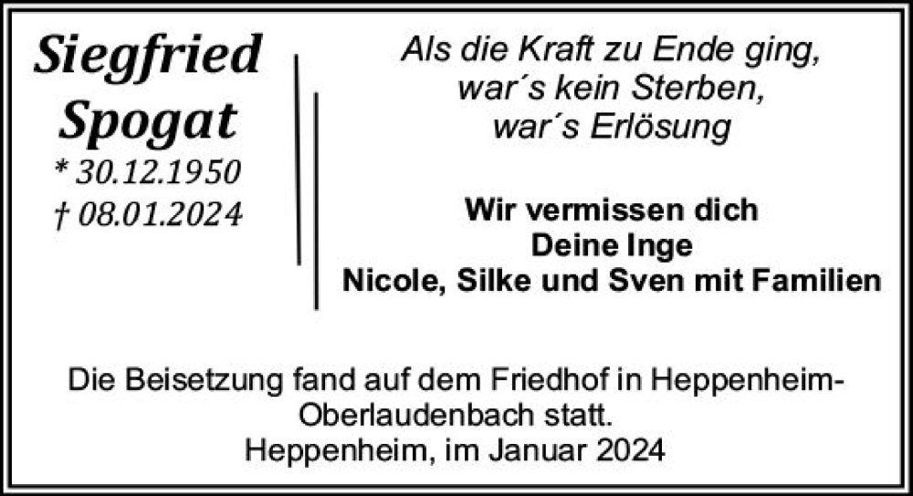  Traueranzeige für Siegfried Spogat vom 20.01.2024 aus Starkenburger Echo