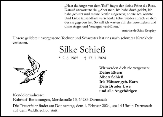 Traueranzeige von Silke Schieß von Darmstädter Echo