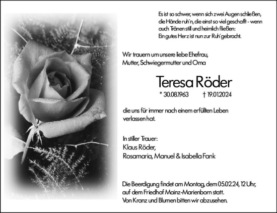 Traueranzeige von Teresa Röder von Allgemeine Zeitung Mainz