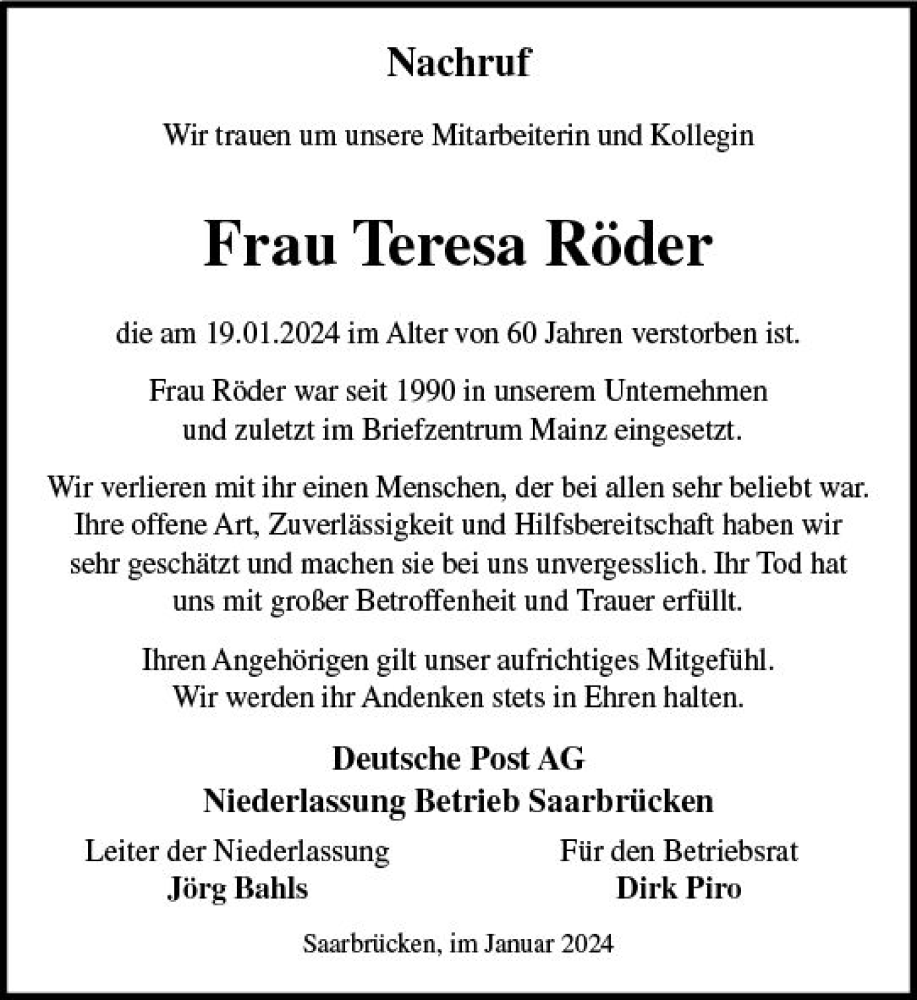  Traueranzeige für Teresa Röder vom 27.01.2024 aus Allgemeine Zeitung Mainz