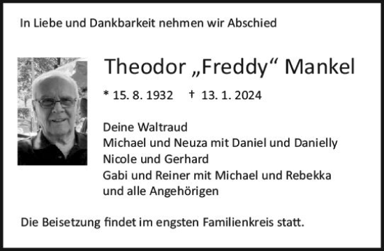 Traueranzeige von Theodor Mankel von Darmstädter Echo