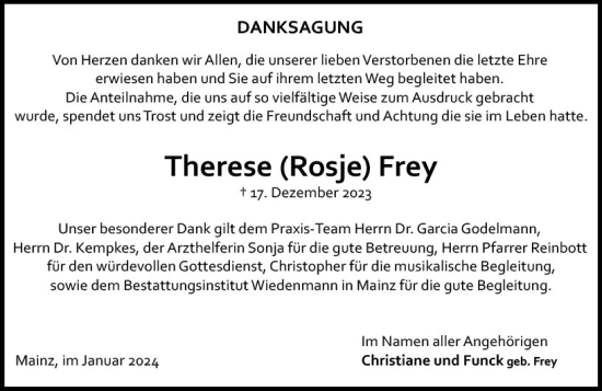 Traueranzeige von Therese  Frey von Allgemeine Zeitung Mainz