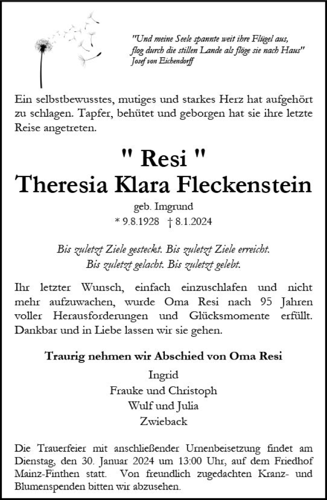  Traueranzeige für Theresia Klara Fleckenstein vom 27.01.2024 aus Allgemeine Zeitung Mainz