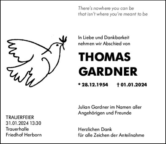 Traueranzeige von Thomas Gardner von Dill Block