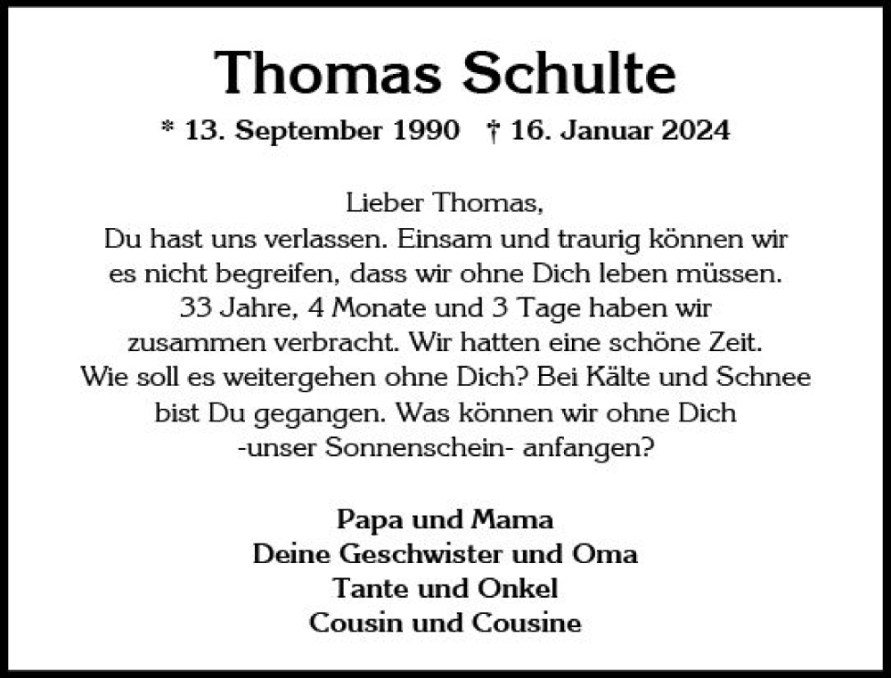  Traueranzeige für Thomas Schulte vom 27.01.2024 aus Wiesbadener Kurier