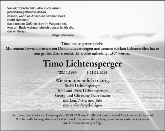 Traueranzeige von Timo Lichtensperger von Wormser Zeitung