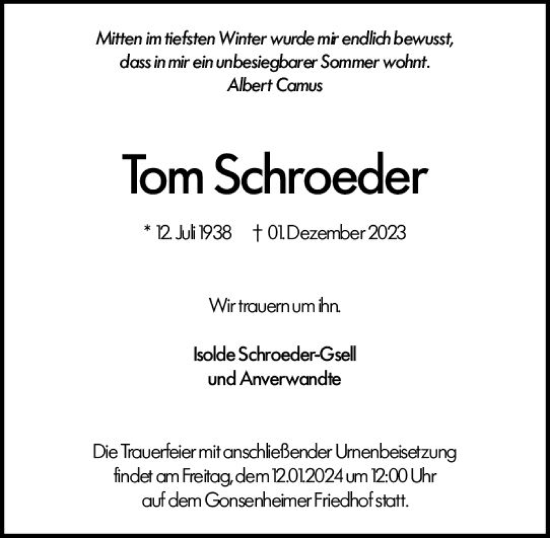 Traueranzeige von Tom Schroeder von Allgemeine Zeitung Mainz