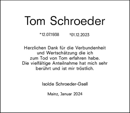Traueranzeige von Tom Schroeder von Allgemeine Zeitung Mainz