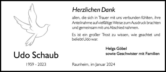 Traueranzeige von Udo Schaub von Rüsselsheimer Echo